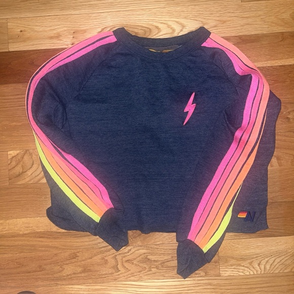 Aviator Nation Tops - Women’s Aviator Nation Striped Cropped Sweatshirt Heather Navy/Neon Stripe M